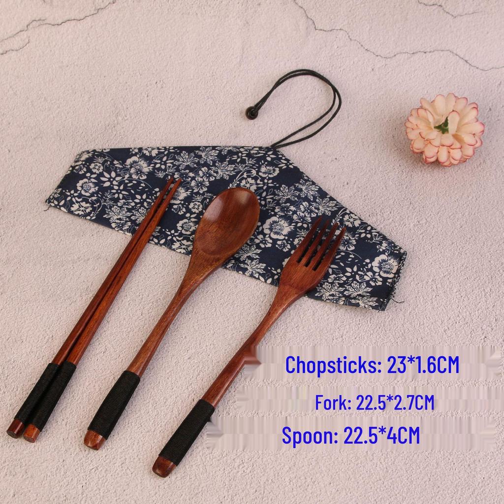 Japanese Style Portable Cutlery Set: Wooden Chopsticks, Fork, Spoon with Binding Wire and Cloth Bag for Outdoor Travel