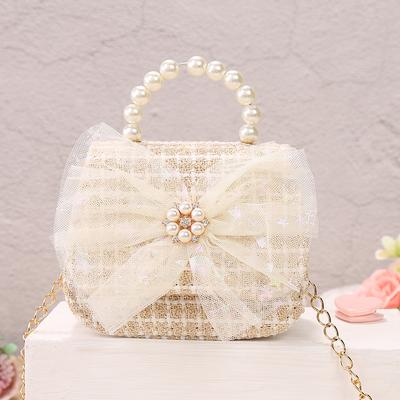 Leinen-Portemonnaies und Handtaschen für Kinder Niedliche Mädchen Prinzessin Mini-Umhängetasche Schleife Kleinkind Party Perlen-Tragetasche Geschenk