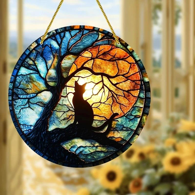 2D Flat Black Cat Round Acrylic Decoration Sign, Home Decor Plaque Hanging Wall Art Decorative Garden Decoration for Room Door Signs Hanging Square Li