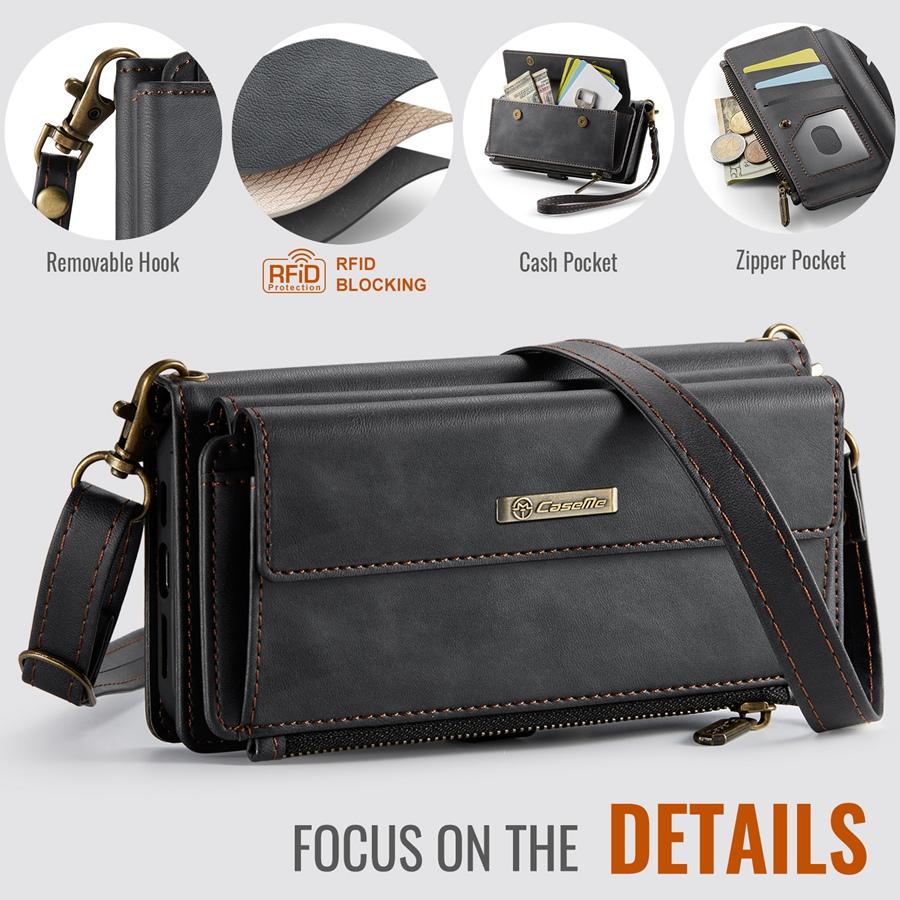 For iPhone/Samsung RFID Blocking Multilayer Wallet Phone Case Purse with 9 Card Slots+Zipper Pocket+Coin Sack Detachable Crossbody Strap + Wrist Strap