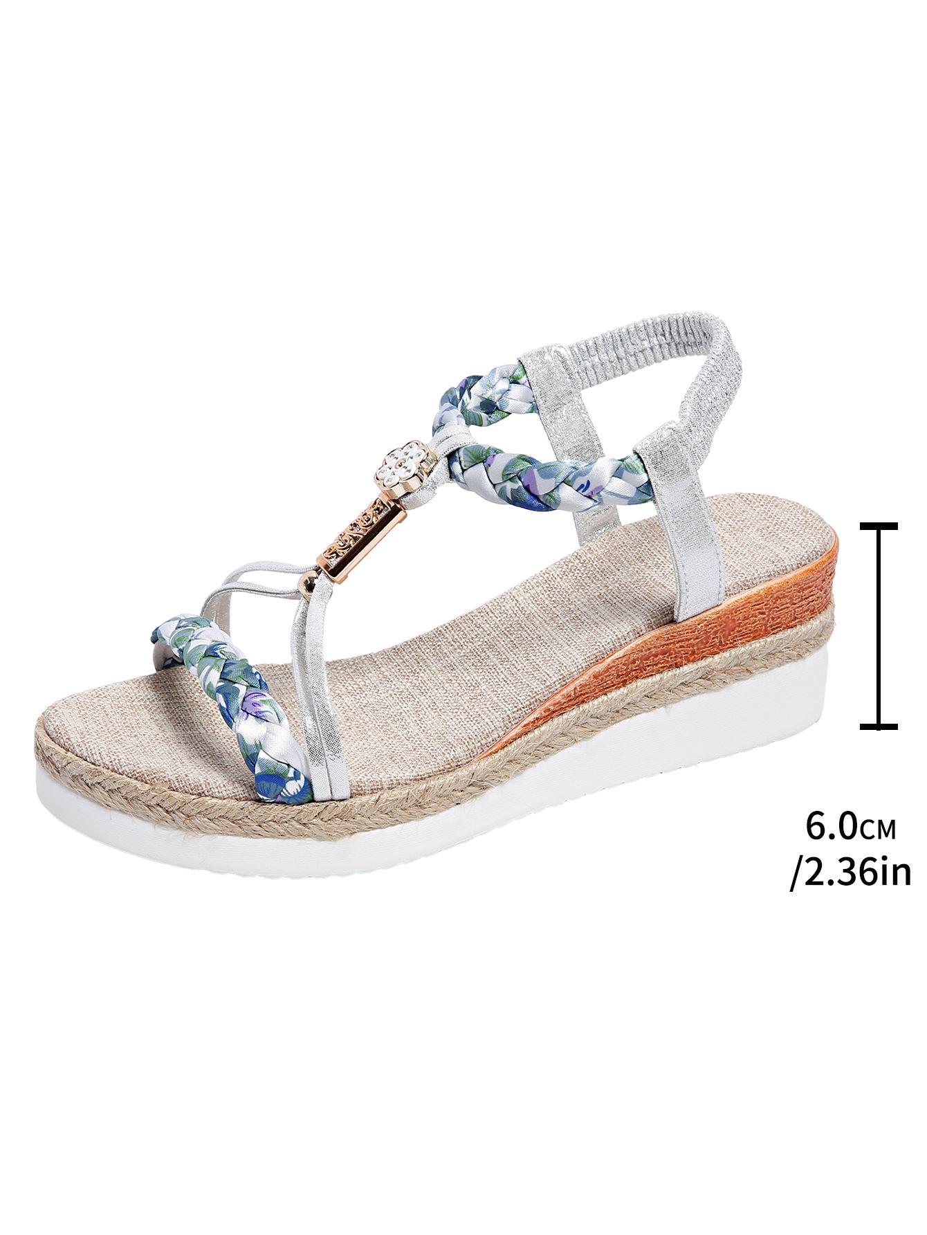 

Весняно-літні нові сандалі-клини на плоскій підошві з круглим носком, жіночі плетені сандалі з бісером з відкритим носком, богемні пляжні сандалі на платформі 43