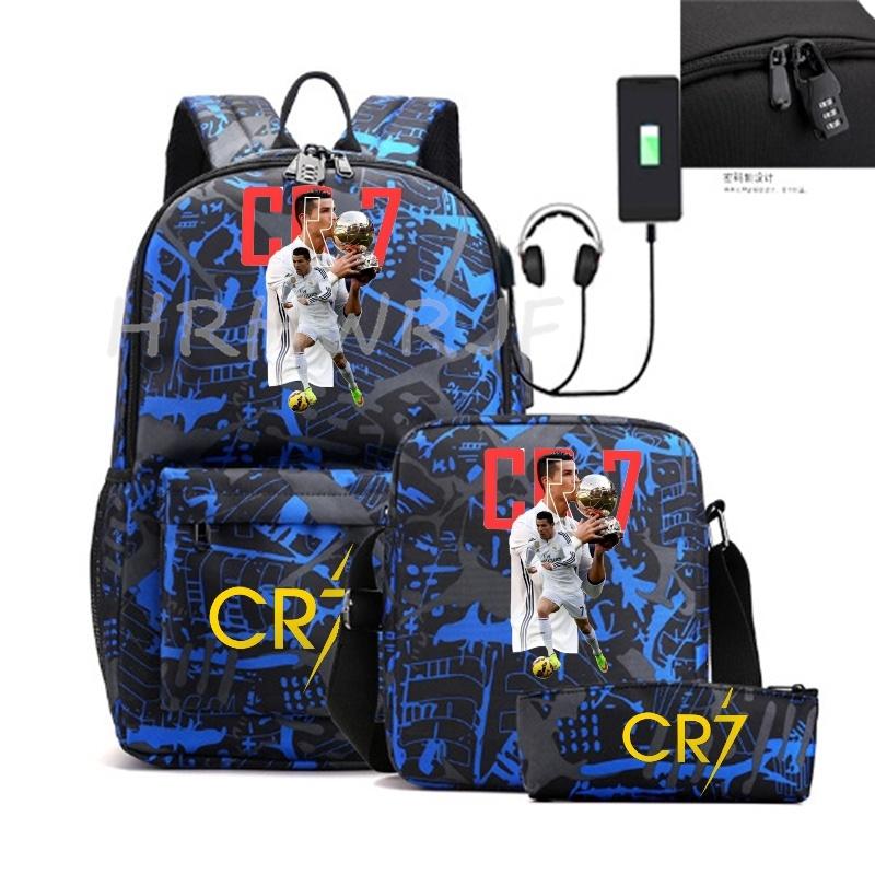 Sports Casual CR7 Backpacks 3pcs Simple Lightweight Capacity Teens Laptop School Bags Women Men Travel USB An-ti Lock Mochilas