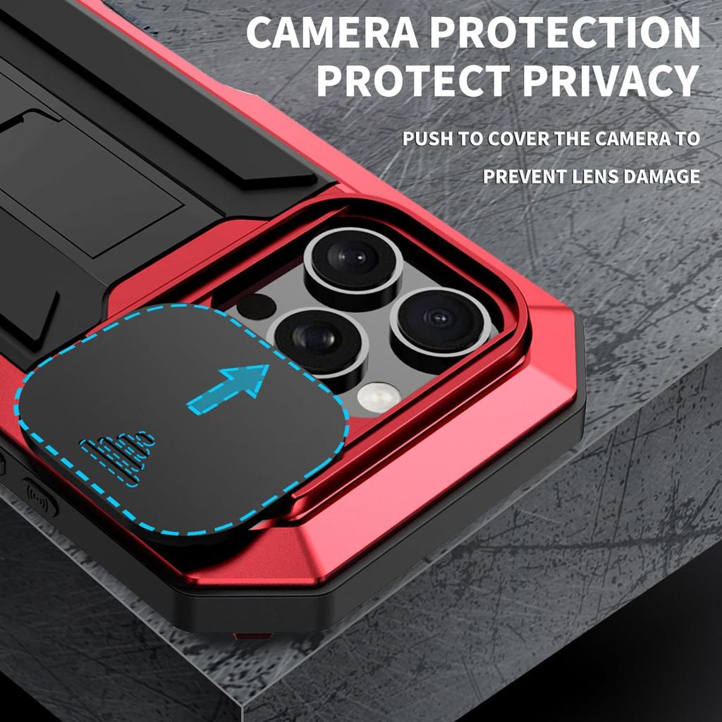 Military Heavy Duty Metal Case for IPhone 13 14 15 16 17 Pro Max Slide Camera Built-in Screen Protector Full Body Hybrid Cover