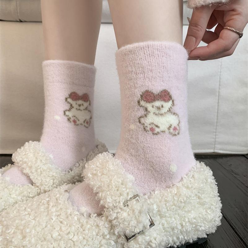 

Jiefeitii Pink Purple Australian Velvet Socks For Women Thickened Warm Cartoon Sweet Pile Socks one size fits all