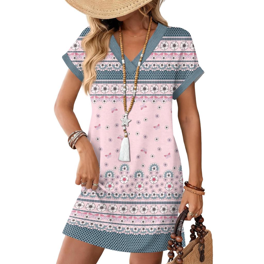 Women's Fashion Print V-Neck Short Sleeve Pocket Casual Pullover Dress