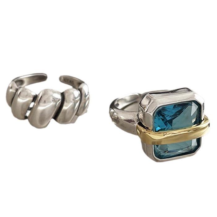 Niche Square Sapphire Open Ring Women's INS Premium Vintage Hypoallergenic Adjustable Size Casual Everyday Dainty Minimalist Fashion Jewelry