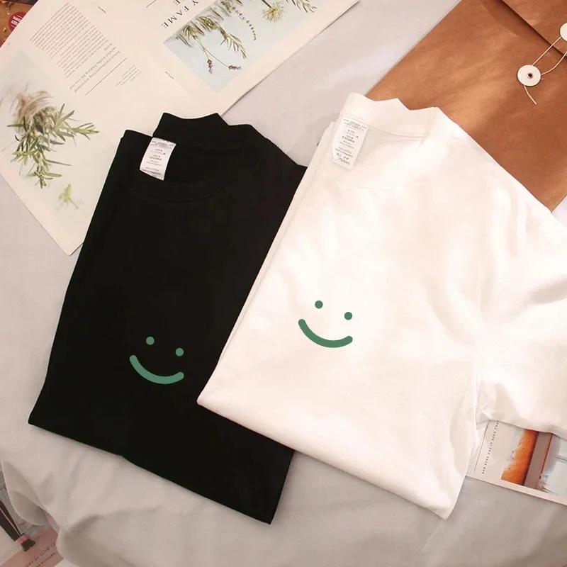 Smiling Face T-shirt for Men Summer Prints White Trendy Brand Loose Printed Cotton Short Sleeved Couple Outfit with Half Sleeves