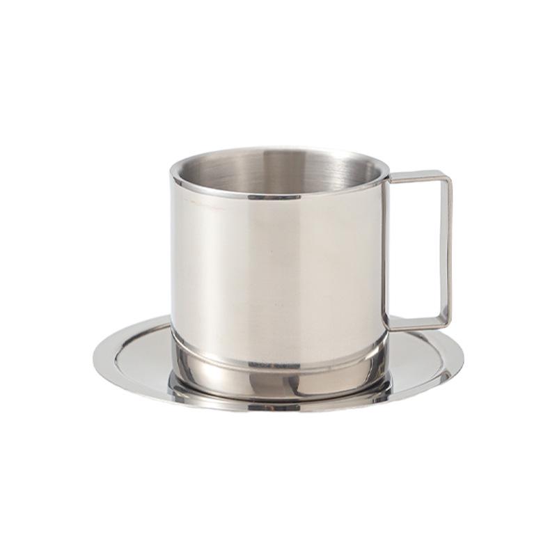 304 Stainless Steel Coffee Set: Double-Wall Insulated European-Style Cup, Saucer, Spoon, Anti-Scald, Custom Logo Option