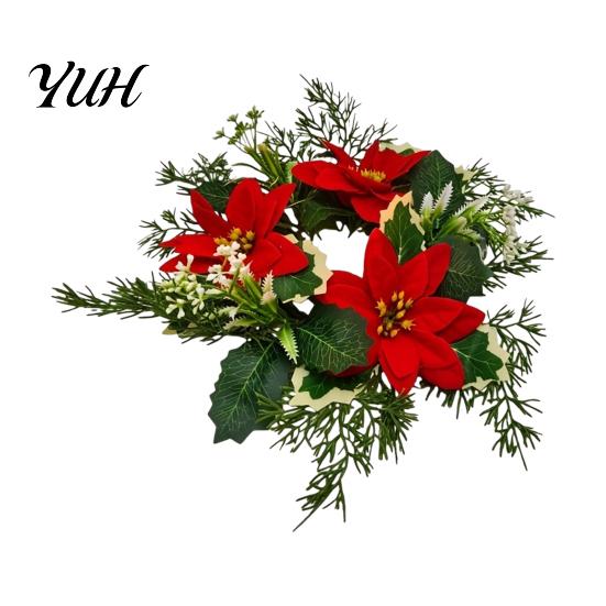Seasonal Home Table Accent Christmas Candlestick Wreath, Red Poinsettia Pine Needle Candle Ring Decorative Base Wreath with Berries, Tabletop