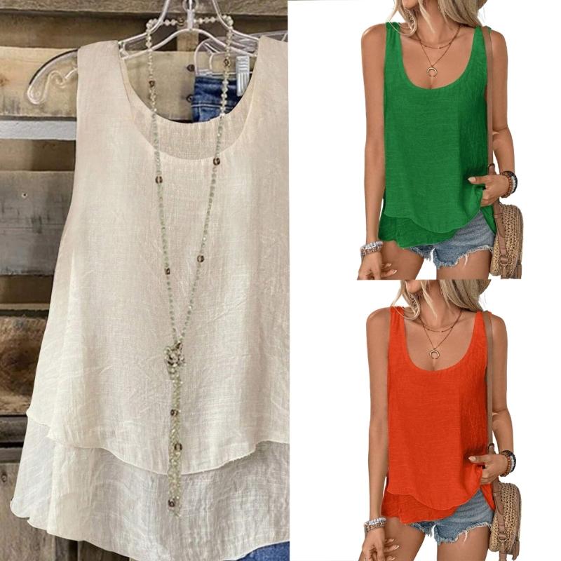 Women's Summer Tops Sleeveless Tank Tops Casual Flowy Loose Tunics Shirt Double Layers Ruffle Blouses Tunics gIFTS