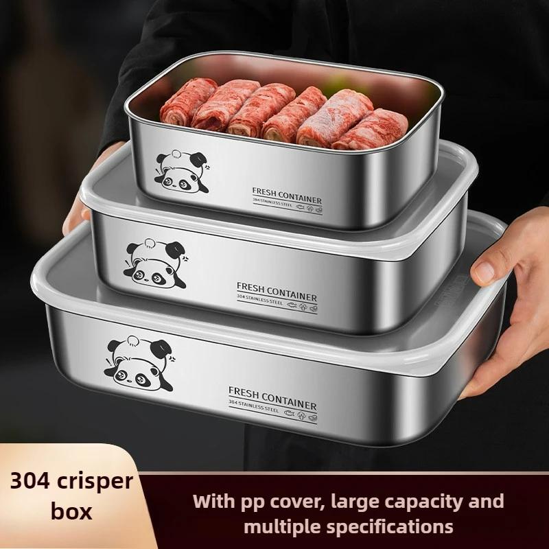 304 Stainless Steel Crisper with Lid Large Capacity Refrigerator Storage Box Food Grade Picnic Portable Box Sealed Lunch Box