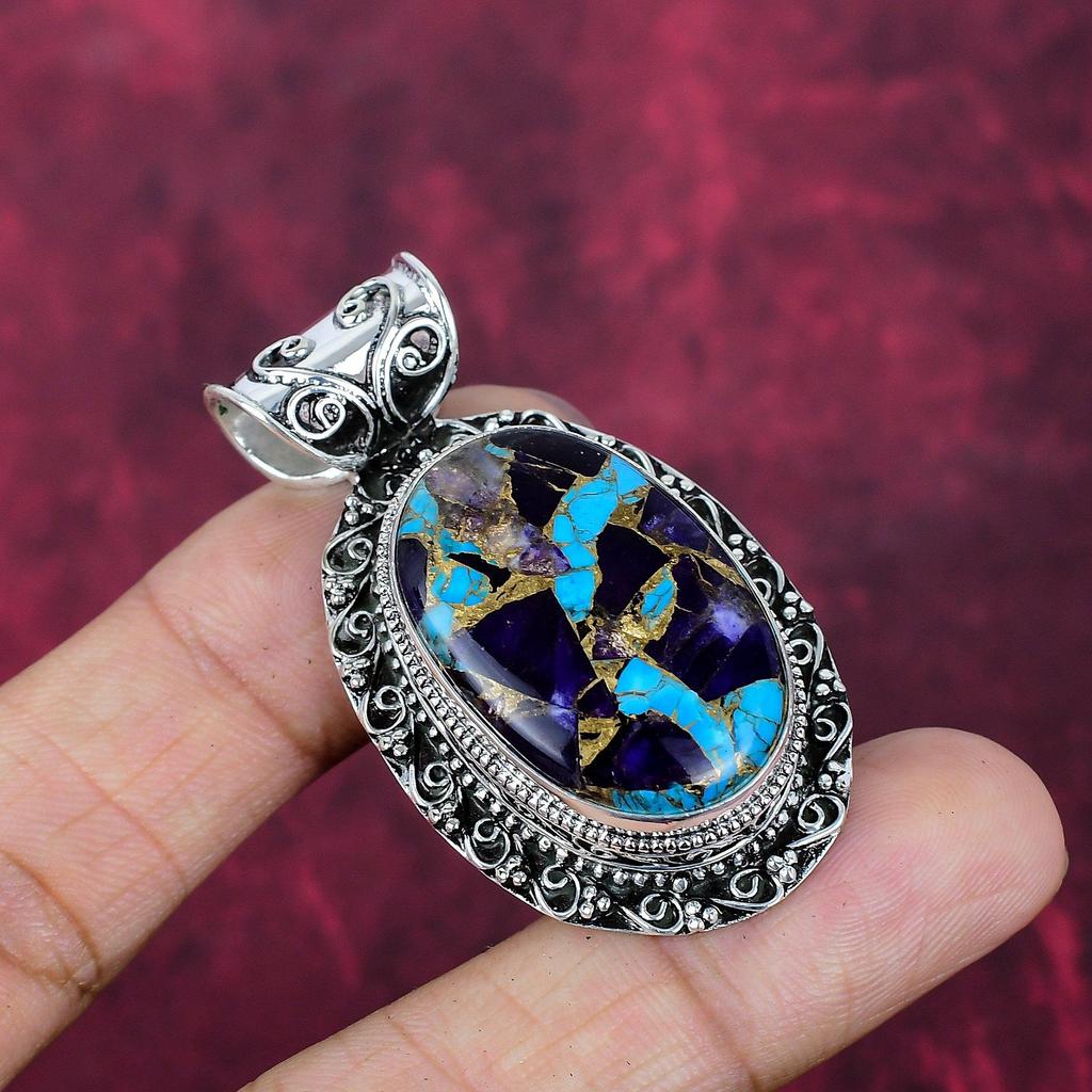 Copper Amethyst Turquoise Handmade Gemstone Pendant, 925 Solid Sterling Silver Pendant Antique Jewelry, For Memorial Day