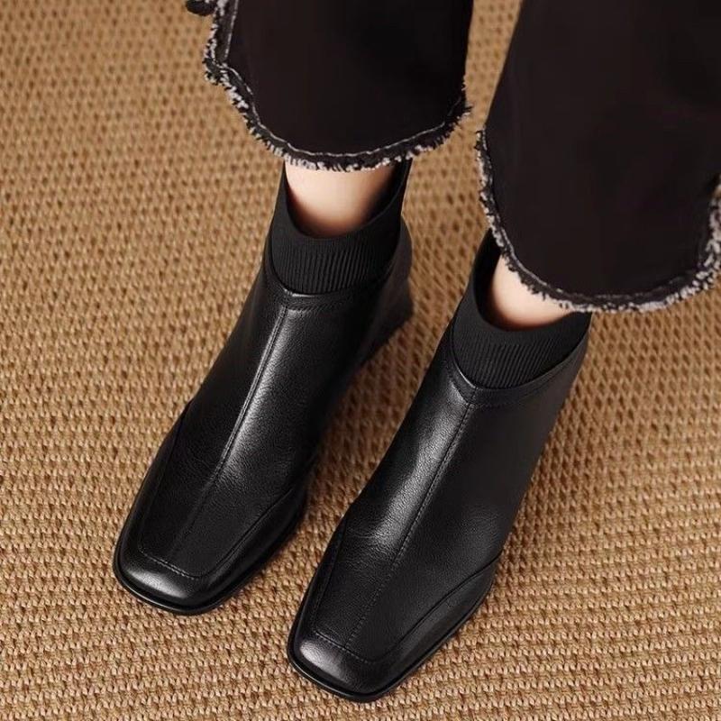 Fashion Ankle Boots for Women Heeled Leather Splicing Knit Office Booties Comfortable and Elegant Goth Y2k Autumn Chic Woman Short Shoes
