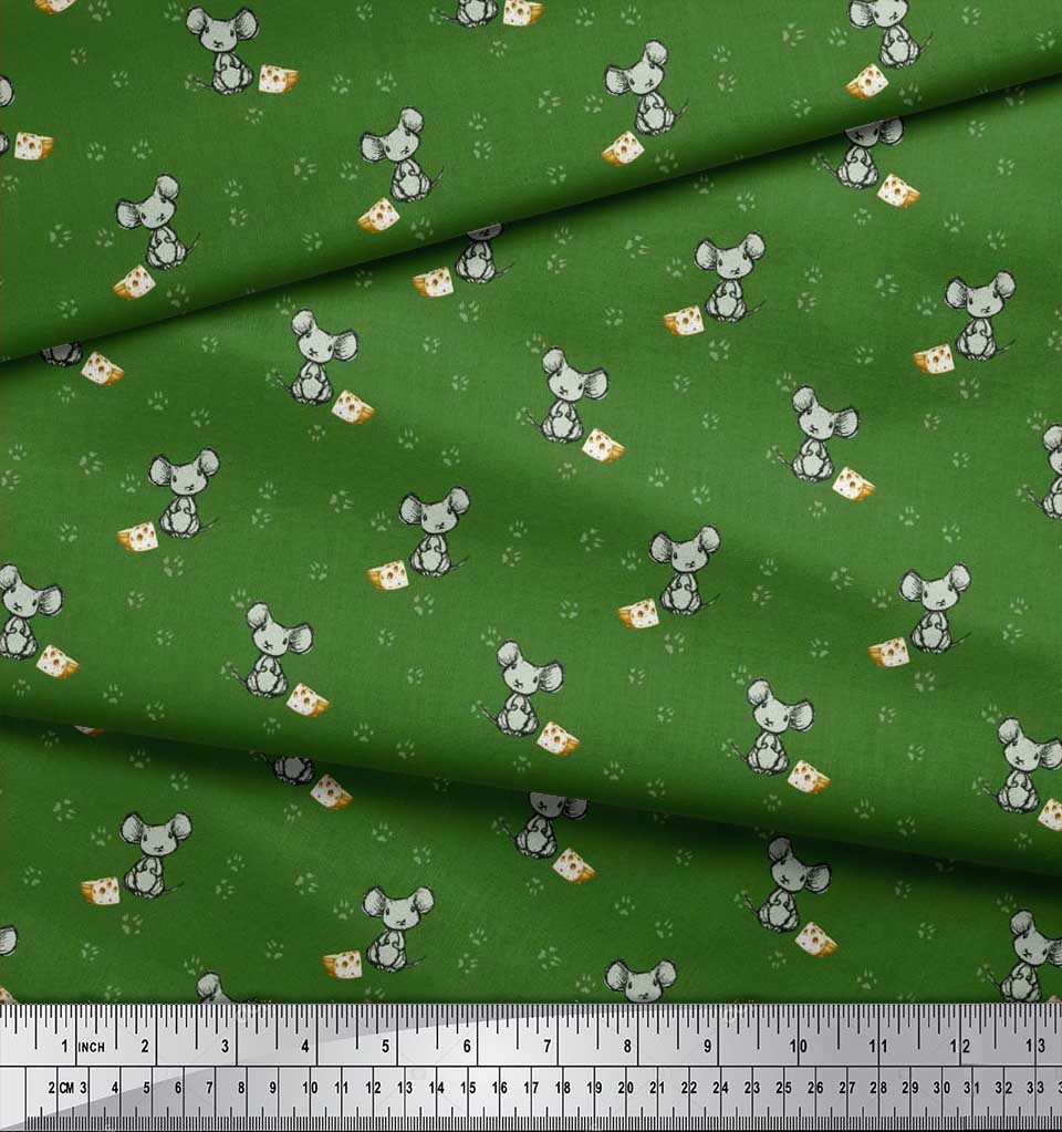 Soimoi Japan Crepe Satin Fabric Footprint,Cheese & Rat Kids Print Fabric by Metre 42 Inch