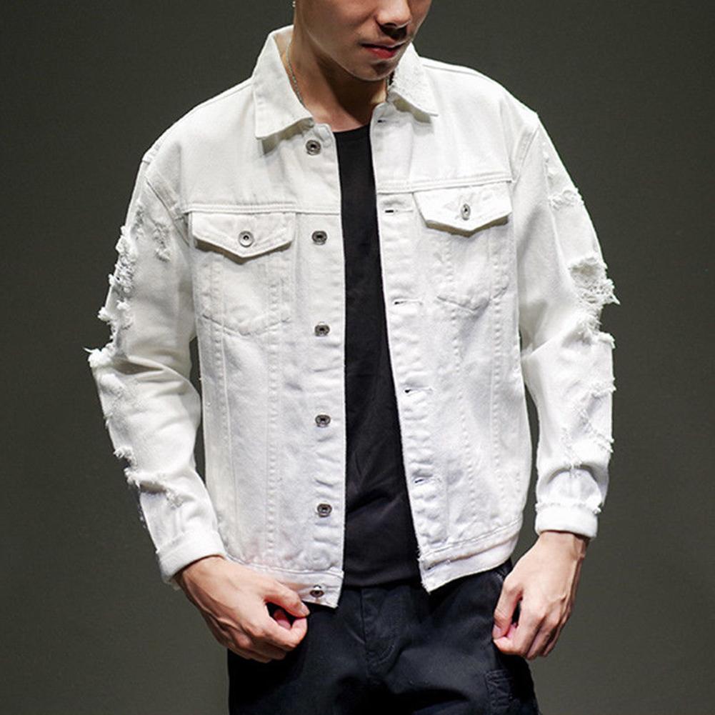 Buy Mens Solid Color Ripped Hole Denim Jacket Casual Long Sleeves Jean ...