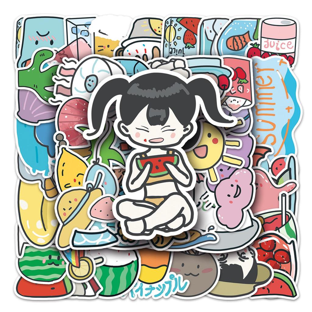 50 Hand-Painted Waterproof Cartoon Summer Stickers for Milk Tea Cups & Phone Cases