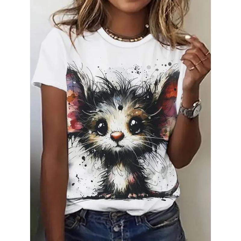 Sommer Rund Hals 3D Dyreprint Topp Moteable Casual Kortarmet Dame T-skjorter