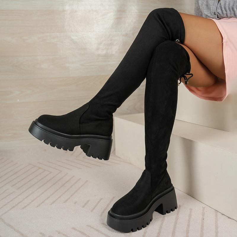Over The Knee Thigh Boots Fashion Round Toe Suede Platform Non-Slip Block Heel Skinny Boots