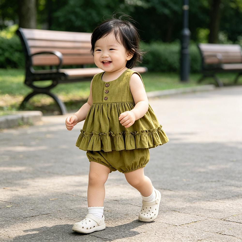 Mädchen Sommer Baumwoll-Leinen Ärmelloses Kleid Set mit Rüschensaum und Falten
