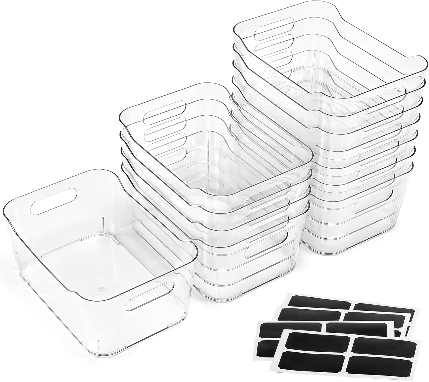 

12-Pack Clear Plastic Storage Bins with Labels - Organizer for Home, Kitchen, Bathroom, Office, Pantry, RV, Fridge - SOHO Collec