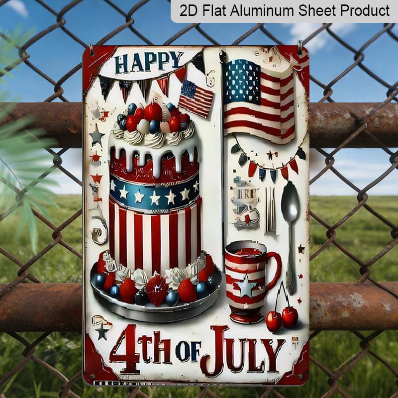2D Flat 4th of July Aluminium Sign Vintage Independence Day Celebration Metal Sign Print Aesthetic Room Decoration for Home Bedroom Kitchen Bar
