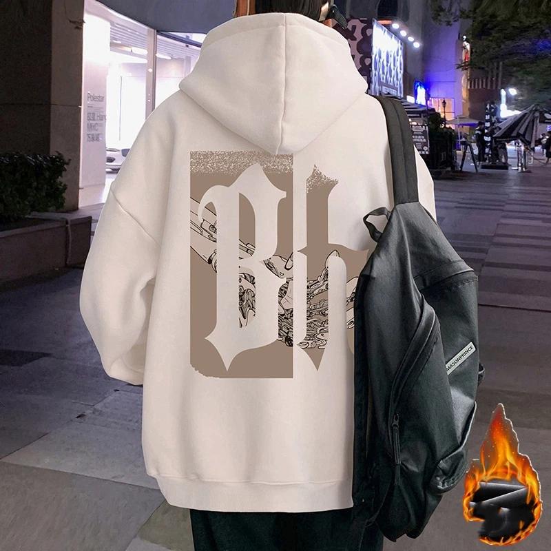 

Men s Fleece Lined Hoodie Gothic Letter Print Oversized Streetwear Warm Winter Sweatshirt XXXL