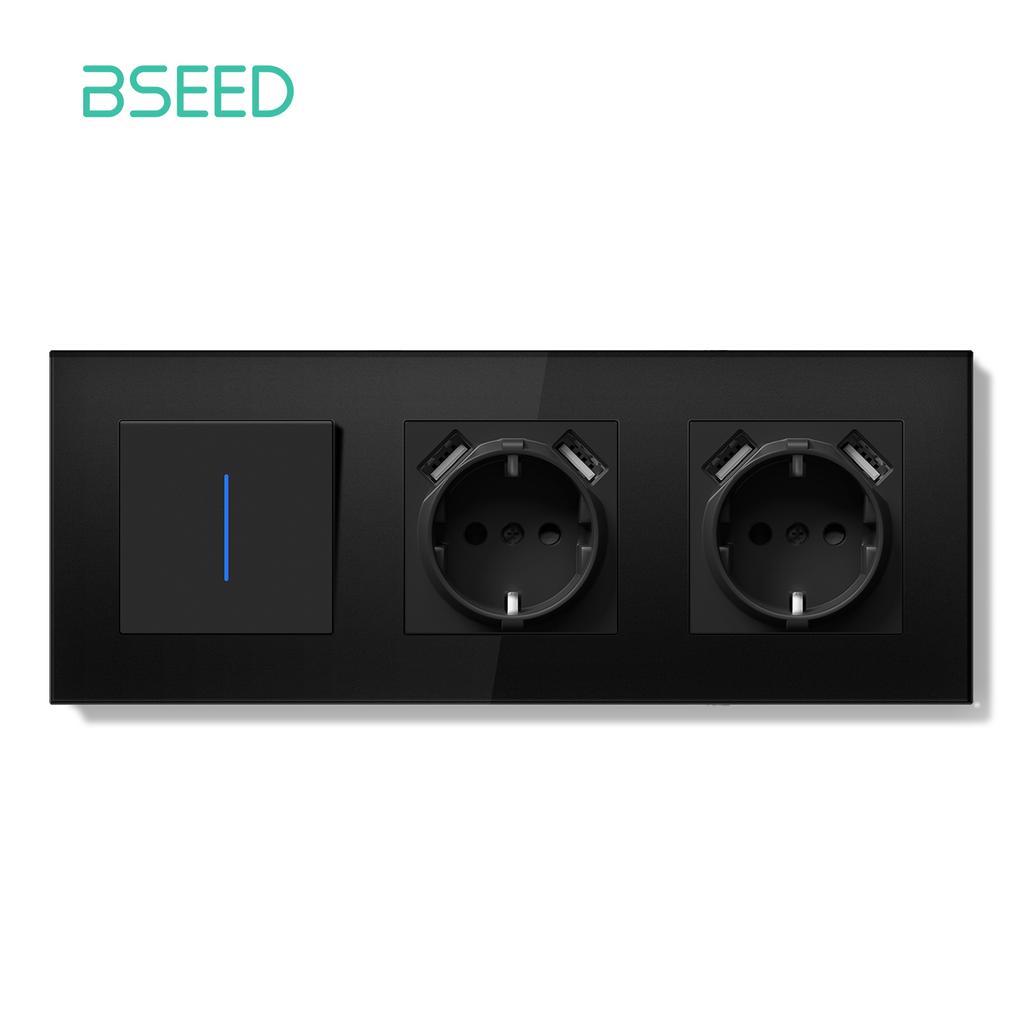 BSEED 1/2Gang Wall Light Switch Mechanical Double Button Switch 1Way With LED EU Sockets USB 20W Type-c Power Ports Glass Panels