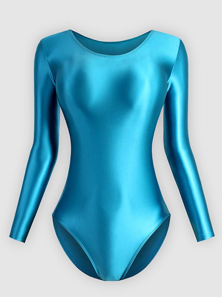 

Шелковистый глянцевый облегающий женский боди - Однотонный, с длинным рукавом, круглым вырезом, дизайн в стиле балета L Ballet