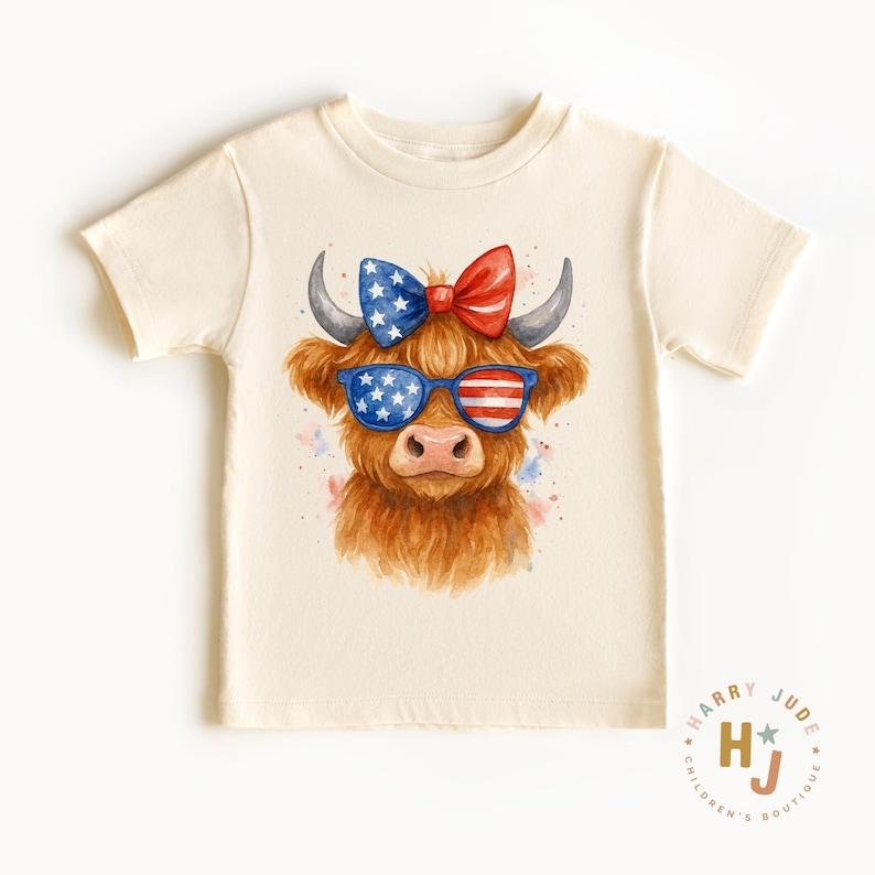 Patriotic Highland Cow Toddler Tee: 4th of July USA Girls Shirt 100
