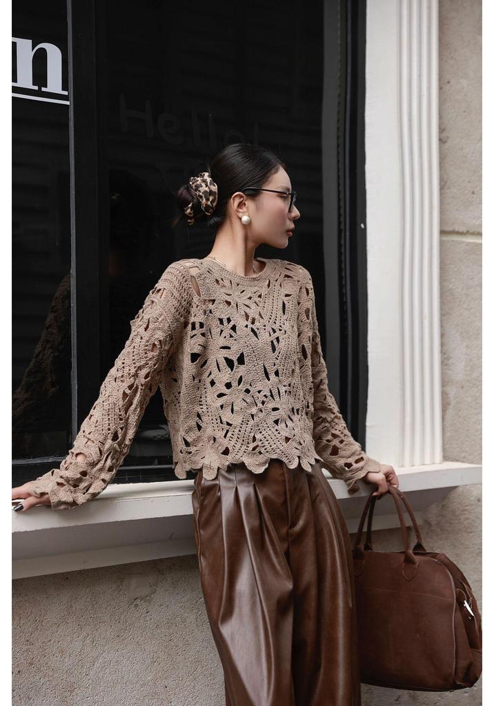 2024 Plus Size French Crochet Hollow Knit Long Sleeve Cardigan for Women - Retro Autumn Sweater Top