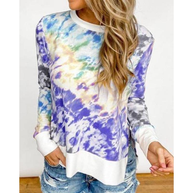 Round Neck 3D Gradient Color Printed Top Fashionable Casual Long Sleeved Women's T-shirts