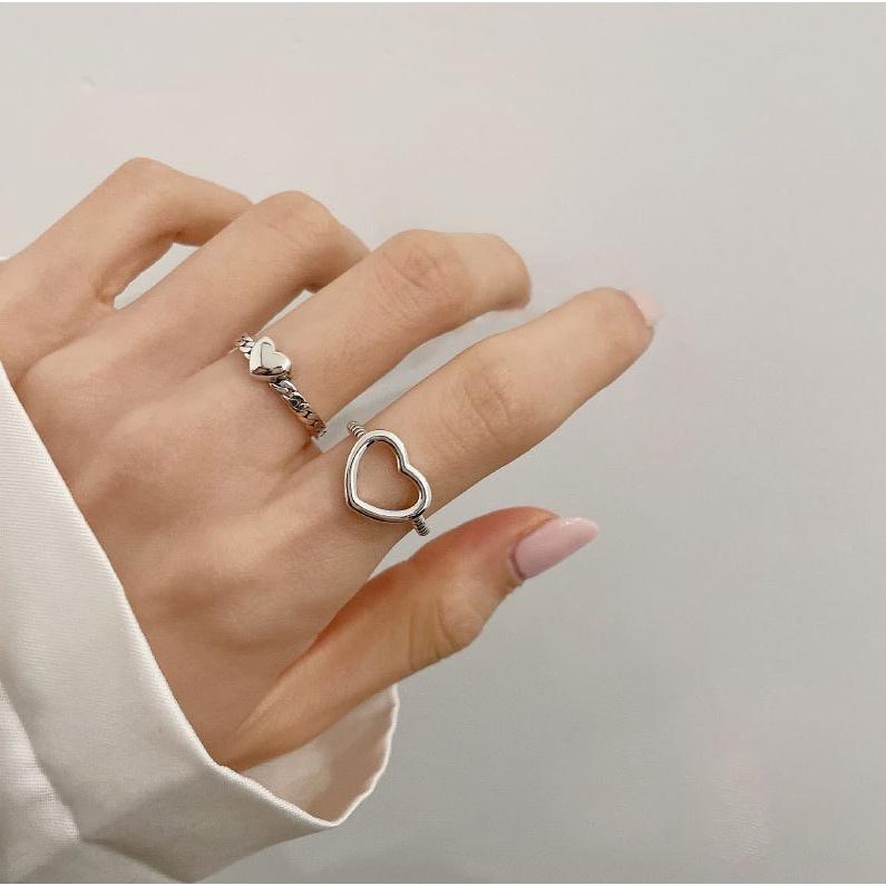 2 stk/sett koreansk hjerte stablering for kvinner Elegant sølv fingerringer tilbehør smykker