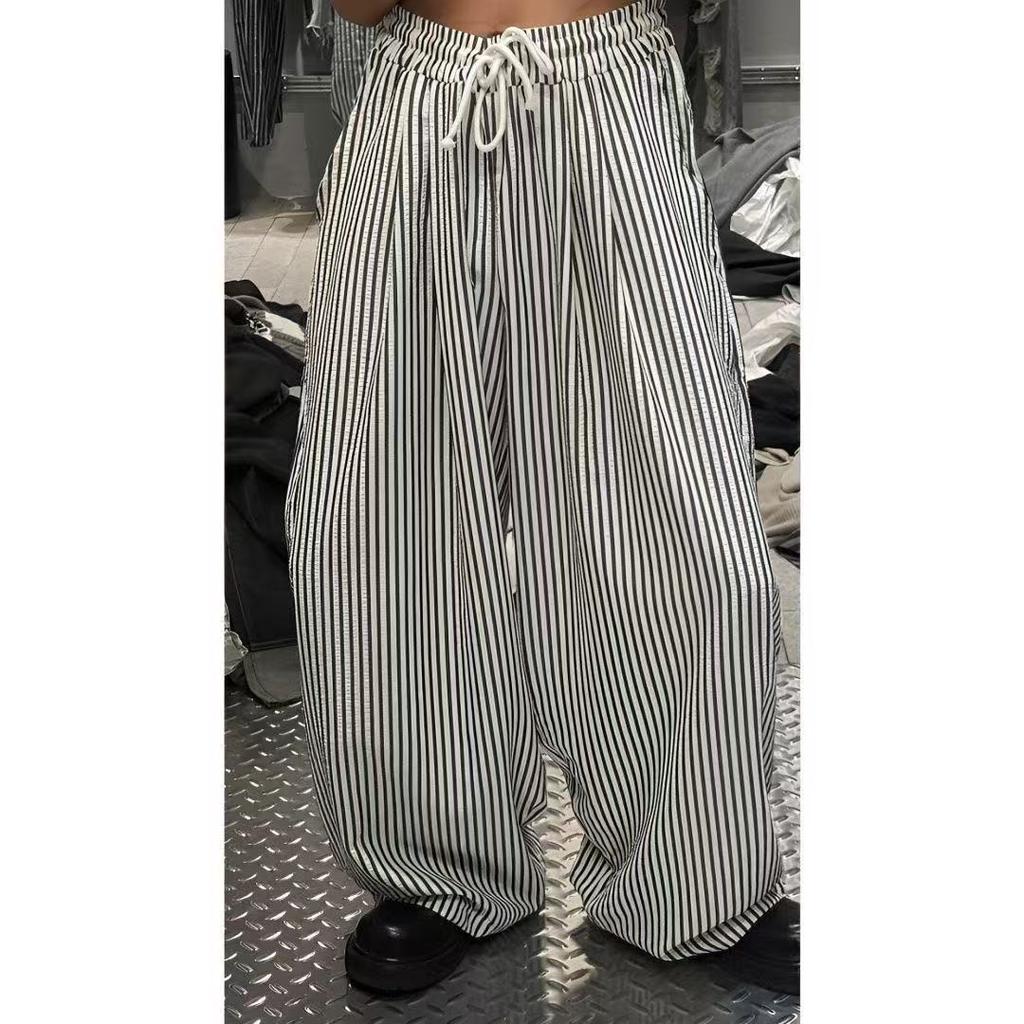Men's striped loose casual pants show thin thyopamine with extended version outer wear foreign style light luxury versatile