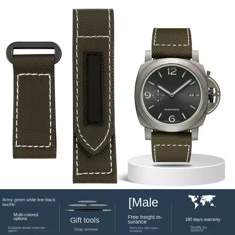 24mm 26mm High Quality Nylon Fabric Watch Band Fit for Panerai Luminor PAM01118 Army Green Canvas Genuine Leather Strap Bracelet
