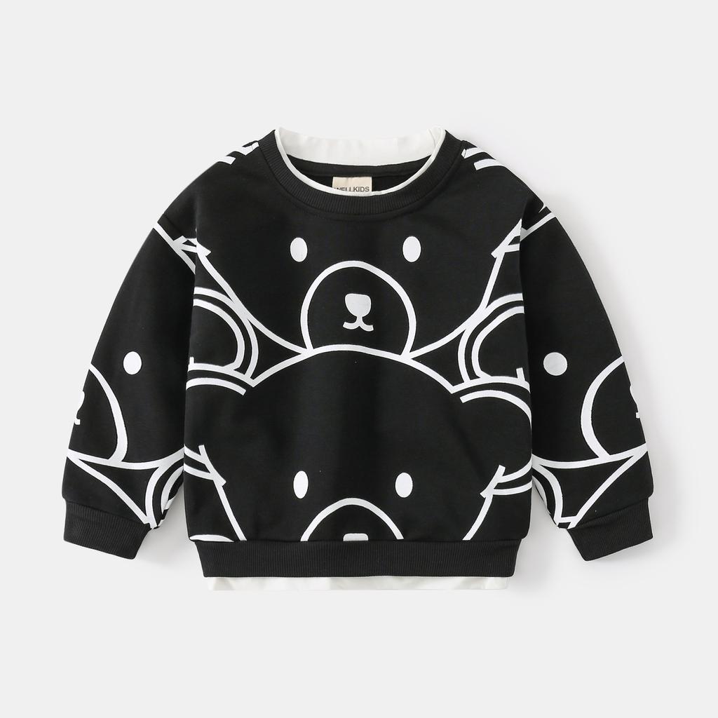 Autumn Trend Boys Sweater Monochrome Cartoon Bear Casual Top Crew Neck Cotton Long Sleeve Children's Pullover