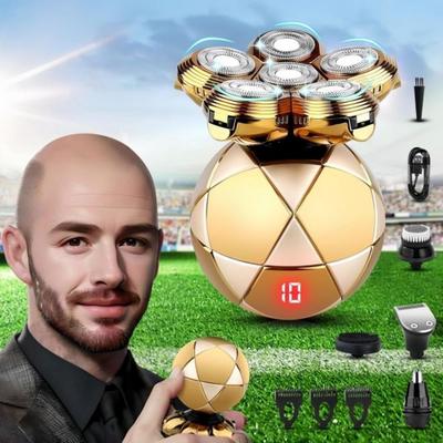 6 In 1 Electric Shaver for Bald Men IPX7 with Travel Lock Mode Wet Dry Rotating Clipper Nose Trimmer Face Brush Gold Color Grooming Kit, 1 Piece