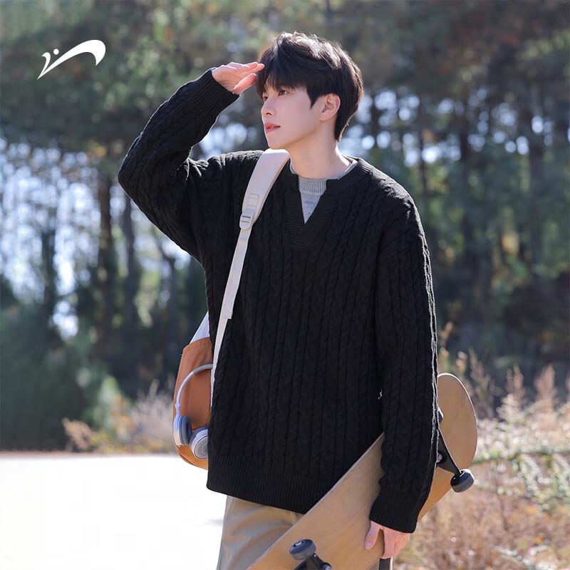 Men's College-Style Faux-Layered V-Neck Knit Pullover