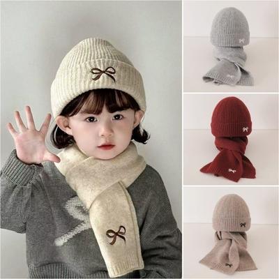Bow Embroidery Scarf Hat Set Windproof Ear Protection Hat New Pullover Cap  Kids