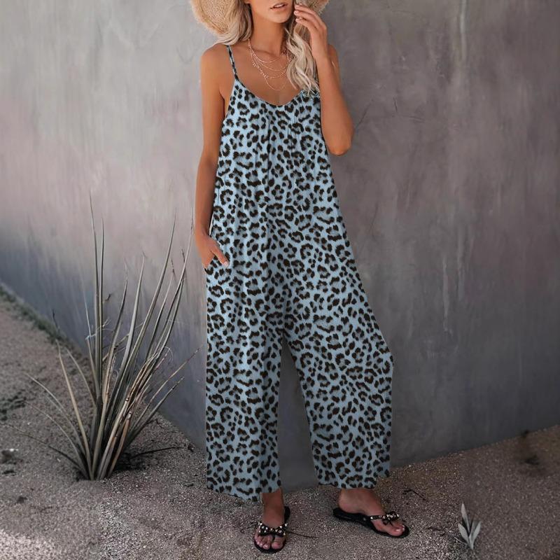 Women Summer Casual Sleeveless Leopard Print Loose Strap One Piece Long Jumpsuit