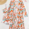 European & American Three-piece Swimsuit Set: Print Drawstring Bikini, Flat-Leg Pants, and Mesh Cover-up