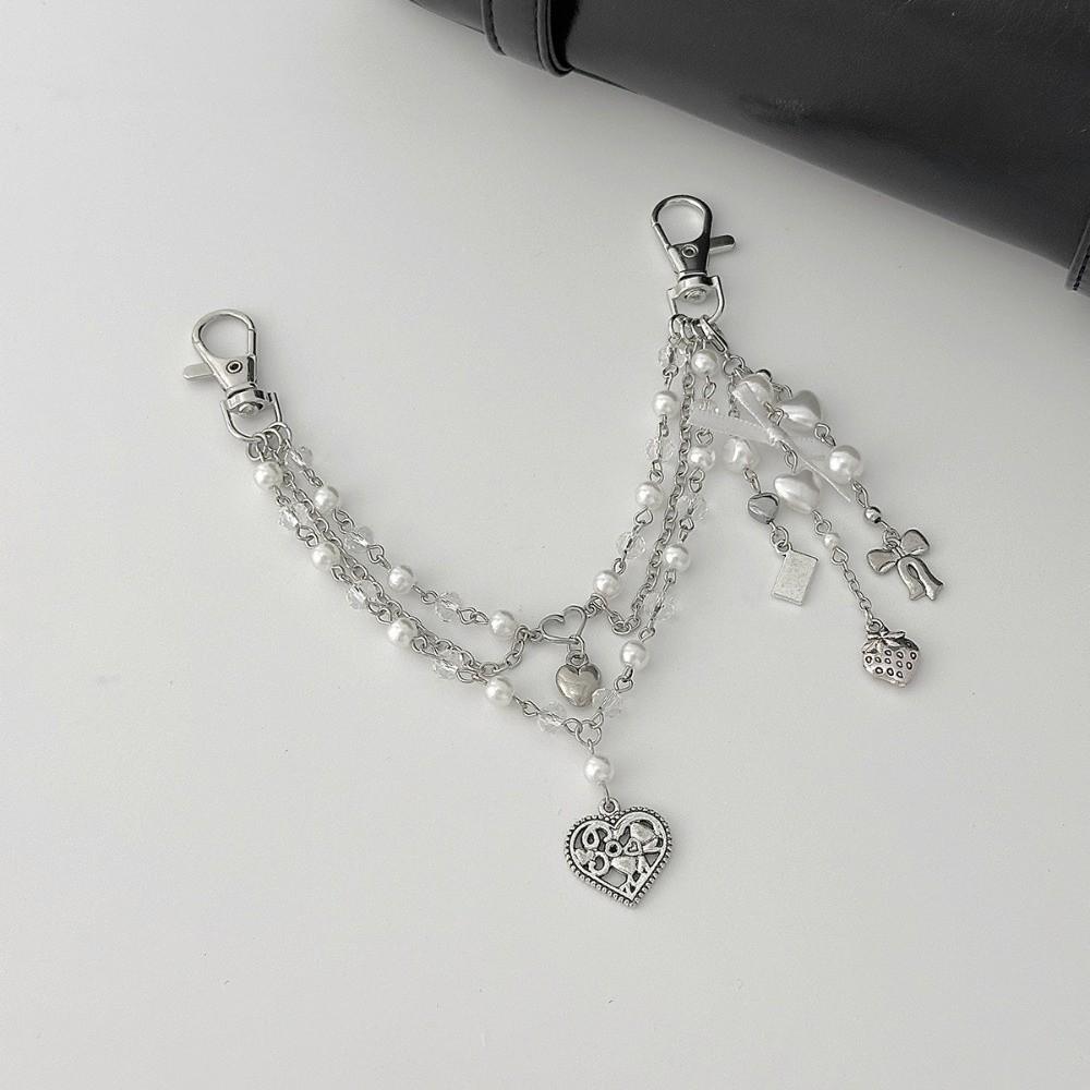 Sweet Acrylic Bag Chain Heart Beaded Keychain Y2K Style Imitation Pearl Accessories  School