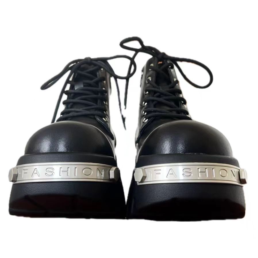 Fashion 2024 New Punk Women Platform Ankle Boots Female's Rock Round Toe Lace Up Fashion Retro Chunky Shoes Metal Decor Short Boots