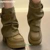 Fashion 2025 Spring Autumn Trouser Boots Detachable Women's Novelty Pull-On Mid-Calf Boots Platform Chunky Khaki Leather Boots Loafers