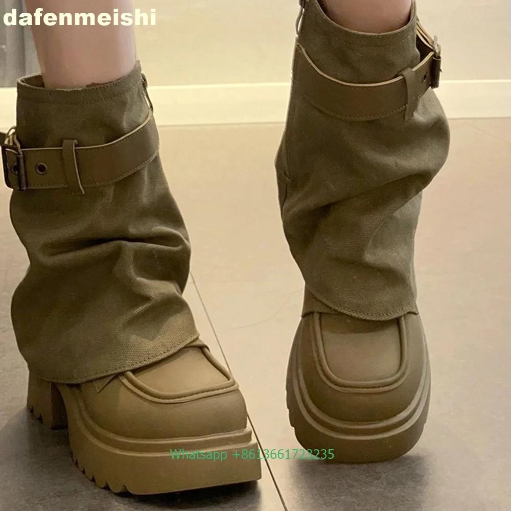 Fashion 2025 Spring Autumn Trouser Boots Detachable Women's Novelty Pull-On Mid-Calf Boots Platform Chunky Khaki Leather Boots Loafers