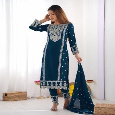 Cerulean Blue Tesla Silk Embroidered Kurta Pant Set with Vichitra Silk Dupatta