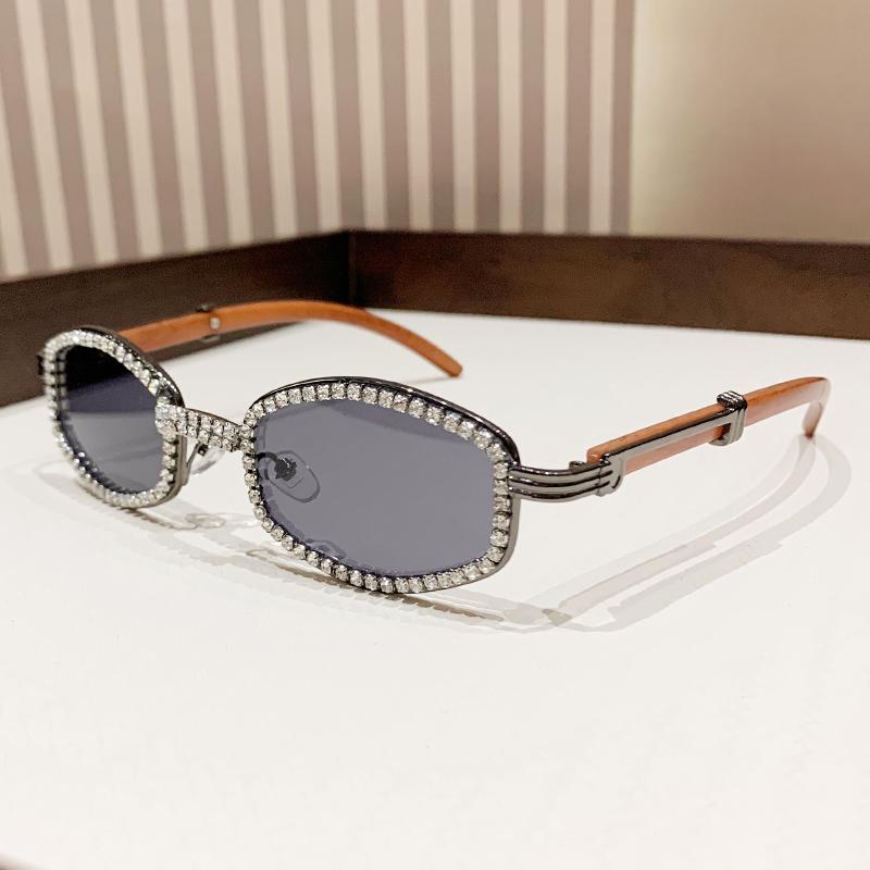 New Style Oval Sunglasses For Women With Diamonds, Fashionable Retro Imitation Wood Grain Sunglasses, High-end Sun Protection Gl