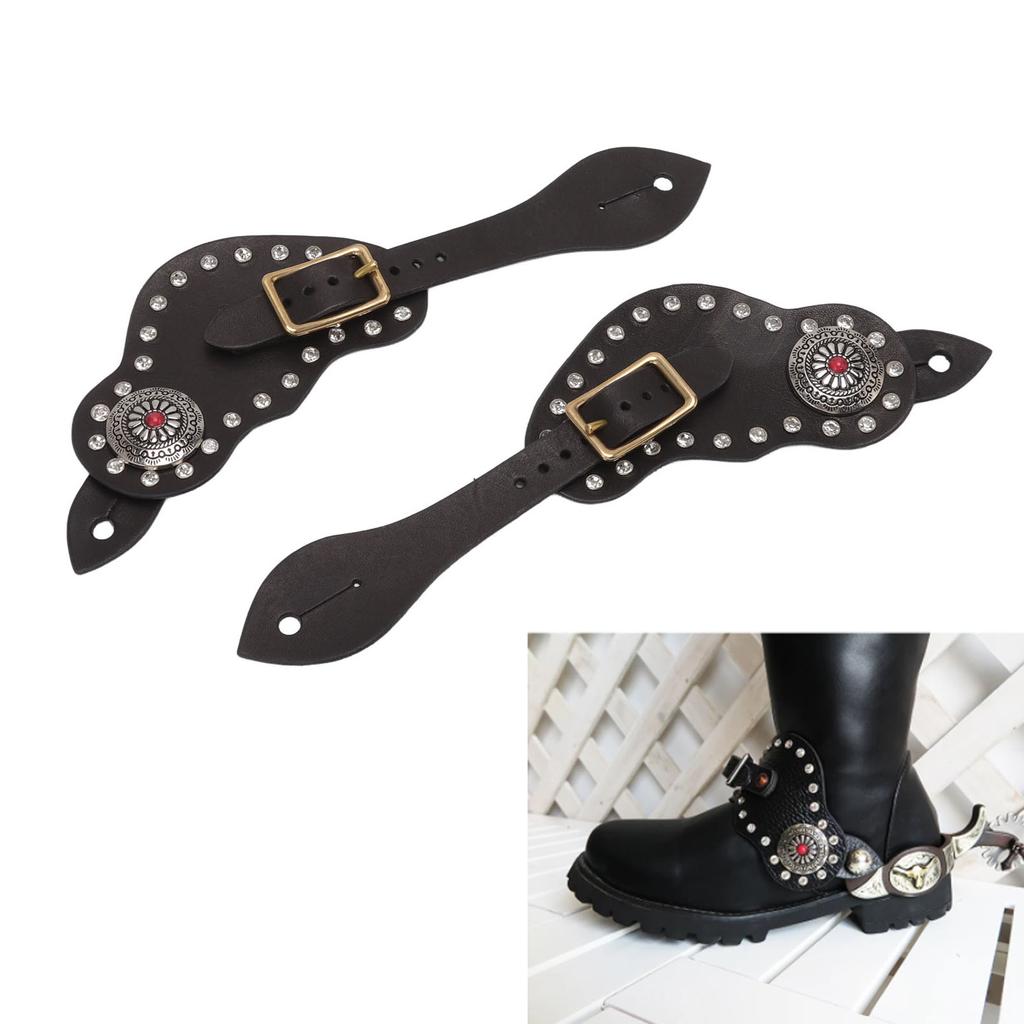 1 Paio di Cinturini per Speroni in Pelle con Strass Stile Western Vintage Attrezzatura Protettiva per Equitazione da Esterno Nero