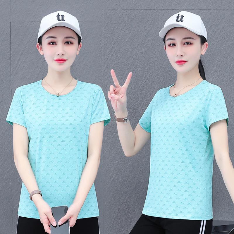 

Женская летняя футболка Ice Silk Quick-Dry с короткими рукавами - свободный крой, принтованный дизайн, повседневный топ, закрывающий живот 2XL (recommended 59-66 kg)