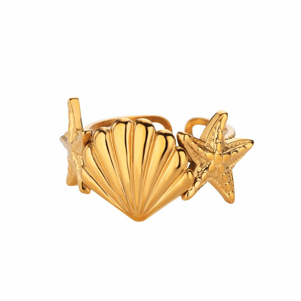 Vintage Conch Starfish Ring For Women Gold Color Stainless Steel Open Adjustable Wedding Summer Beach Party Ocean Jewelry Gift