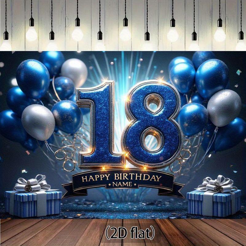 Flat 2D Design, 18th Birthday Decoration Set (for Men) - Shiny Digital 18 Balloon, Happy Birthday Banner, Party Supplies